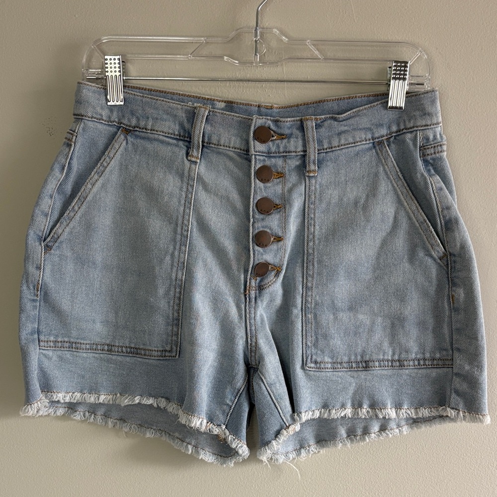 a.n.a High Rise Denim Shorts Button Fly Raw Hem Patch Pocket Size 8